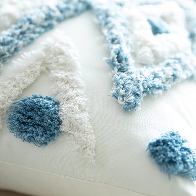 Set of 2 Cotton Woven Boho Throw Pillow Covers, Tufted Decorative Square Pillowcases Covers with Tassels for Couch Sofa Bed, Living Room Sofa, Farmhouse, 18x18 Inch Blue(2 pcs)