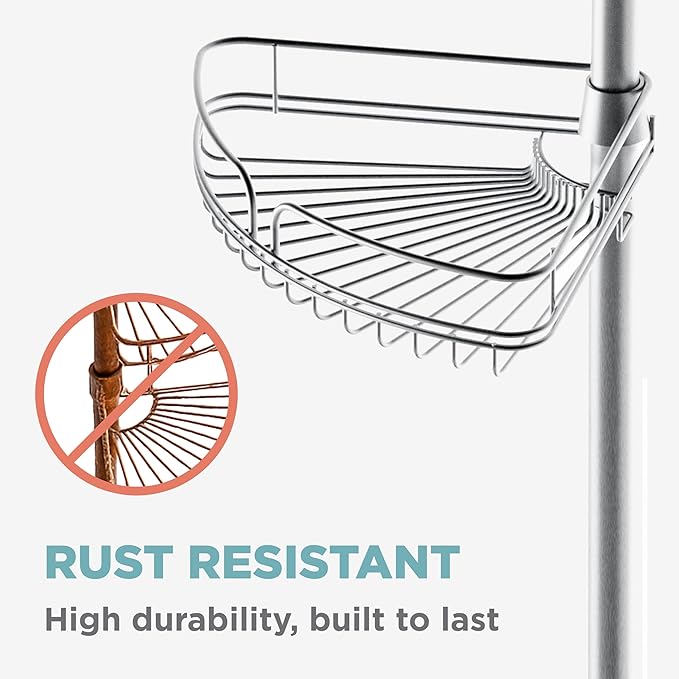 Zenna Home Tension Pole Shower Caddy Corner Organizer, Adjustable Standing Shower Caddy with 4 Baskets and Built in Towel Bar, Rust Resistant Bathroom Tension Rod Organizer, 60 to 97 Inch, Chrome