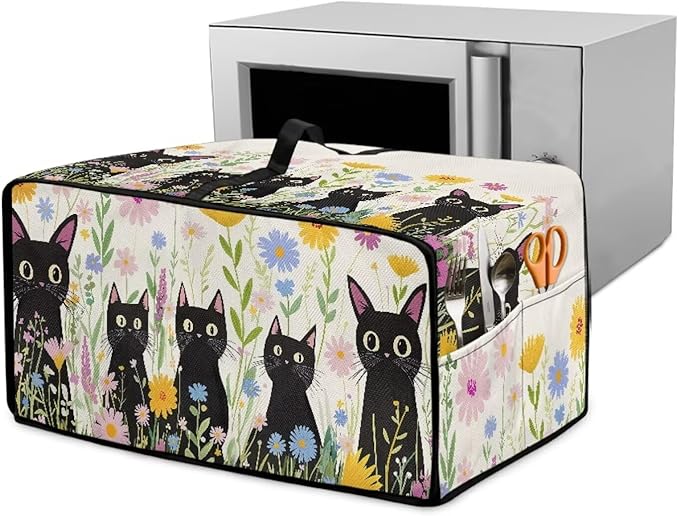 Countertop Microwave Oven Cover with Side Pockets, Dust Protection Small Appliance Toaster Ovens Dust Cover, M, 16.5 x 20.5 x 10 Inches, Cartoon Black Cat Daisy Flower
