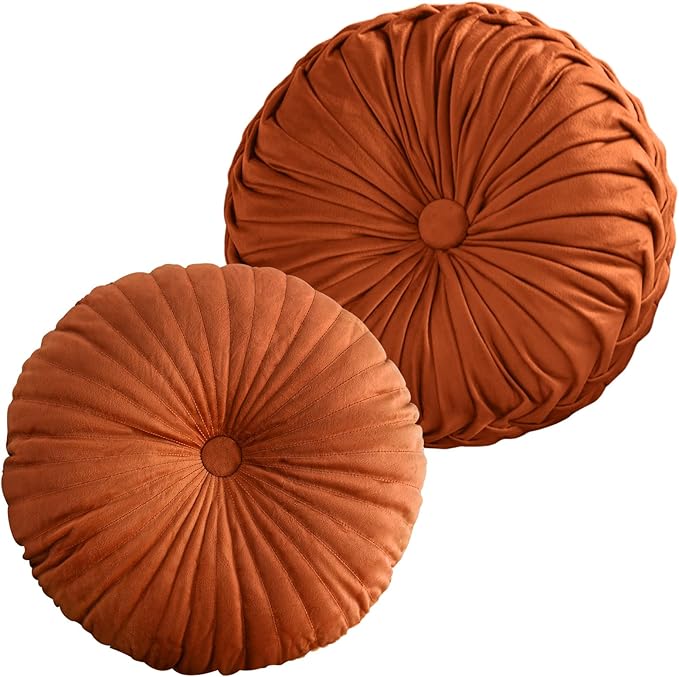 2 Pcs Round Throw Pillows Pleated Velvet Pumpkin Round Pillows Floor Cushion for Living Room Couch Chair Bed Sofa 15.7"x15.7"/13.8" x 13.8" (Orange)