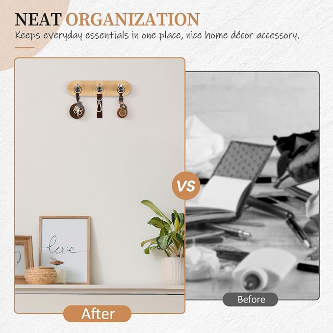 Nekon Bamboo Key Holder for Wall, Wall Mount Key Organizer with 3 Hooks, Decorative Coat Rack for Entryway, Kitchen, Bedroom, Bathroom (Silver Hooks)