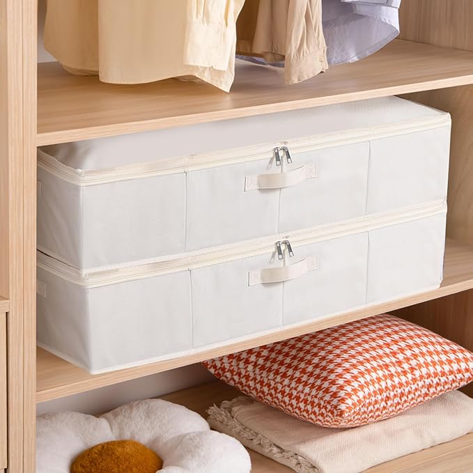 Underbed Storage Organizers, Container Bags with Lids, Storage Boxes With Sturdy Structure and Reinforced Handles, Beige, 3 Pack, 31.5 x 15.7 x 5.9 Inch