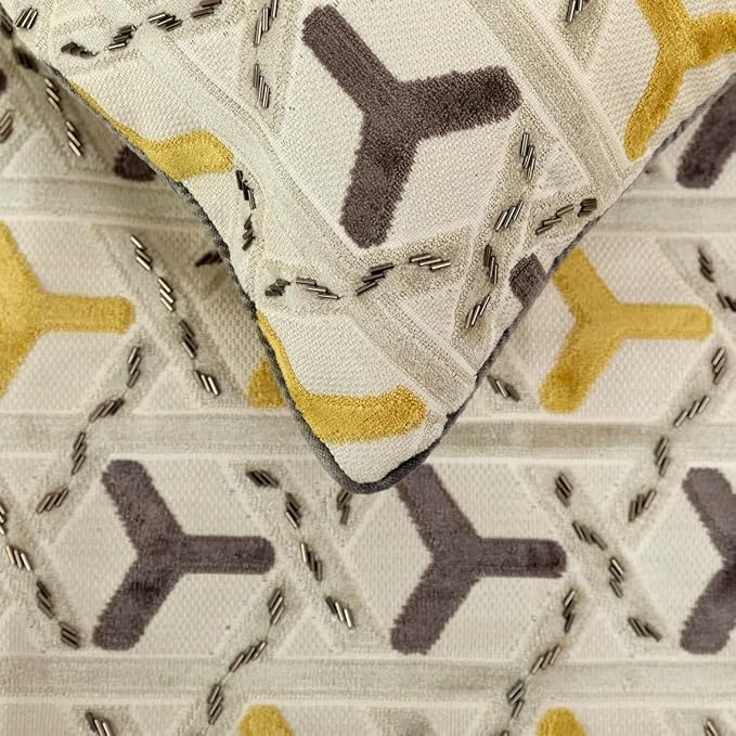 The HomeCentric King/Queen/Twin Grey & Yellow Designer Twin 53"x18" Bed Runner with 2 Pillow Cover, Beaded Bed Scarf on Velvet Fabric - Tripod
