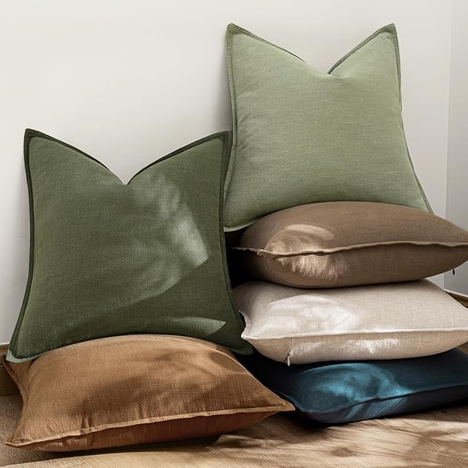 EMEMA Decorative Linen Throw Pillow Covers 22x22 Inch Grass Green Boho Farmhouse Neutral Couch Throw Pillows for Bed Pack of 2 Accent Pillowcase Modern Sofa Cushion Livingroom Home