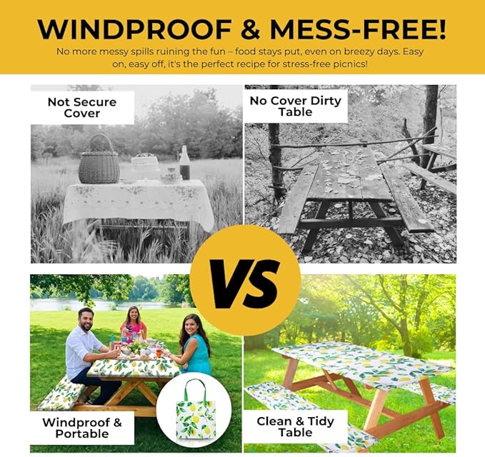 RNOONY 6ft Polyester Picnic Table Cover with Bench Covers Windproof & Waterproof Tablecloth, Perfect for Camping Gifts & RV Essentials, Cool Camping Gadgets, with Carrying Bag, 72x30 Inches, 4Pcs