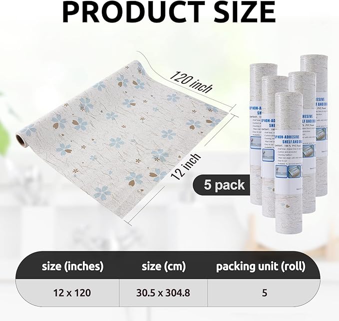 RAY STAR 12X120 Inch Shelf Liner for Kitchen Cabinets, Non-Adhesive Cabinet Liner Washable, PVC Drawer Liner for Dresser Non-Slip Bathroom (Floral)(5 Roll)