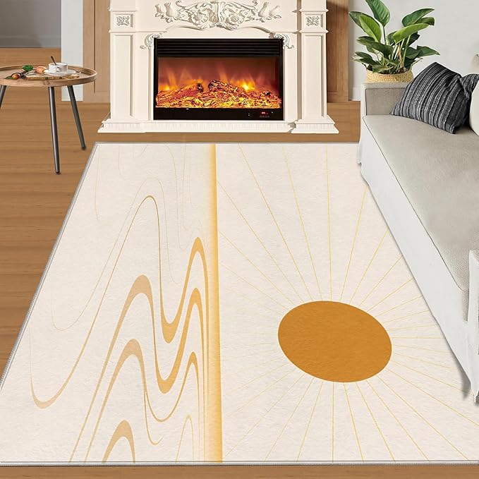 Boho Sun Area Rugs 4x6ft, Minimalist Sunburst Carpet for Bedroom, Geometric Solar Rug for Living Room Easy to Clean for Indoor Outdoor Hardwood Floors Home Decor