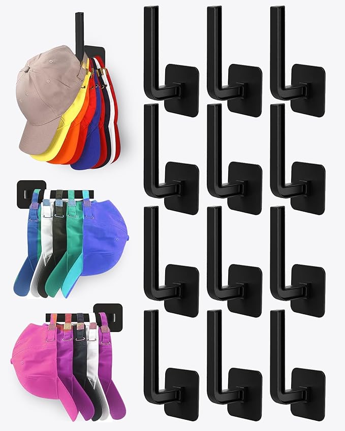 Hat Rack for Hat Storage (12-Pack), Multi-Purpose Hat Organizer, Strong Adhesive Hat Hooks for Wall Hat Organizer for Baseball Caps, Two Mounting Options Hat Hook, Black