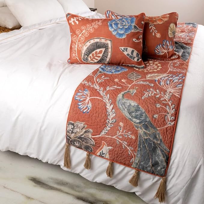The HomeCentric Orange Bed Runner, King Size 90"x18" Decorative Bed Runner with Matching Pillow Cover, Rust or Orange Linen Bed Scarf in Quilted Peacock, Linen & Jute Embroidery - Peacock Soiree