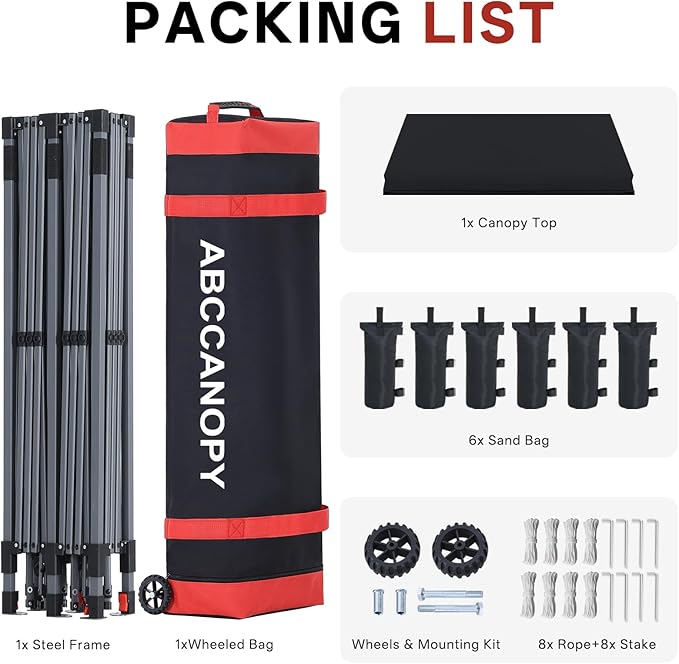 ABCCANOPY 10x20 Pop Up Canopy Tent, Easy Setup Instant Shelter with Wheeled Bag, Heavy Duty Outdoor Canopy for Beach, Market, Backyard, UV Protection, Outdoor Weather Protection (Black, 10x20)