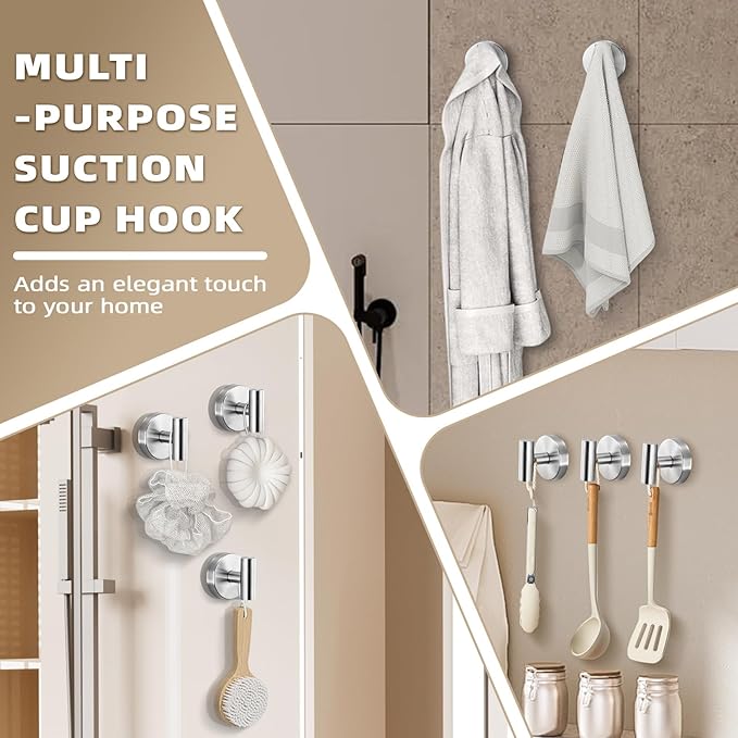 Suction Cup Hooks for Shower - Bathroom Reusable Hooks for Towels, Robes & Loofah - No-Drill Mounting on Kitchen,Walls,Metal,Glass,Mirrors,Tile & Smooth Non-Porous Surfaces (4, Brushed Nickel)