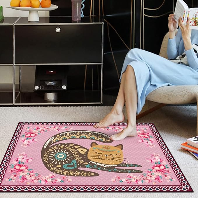 Cartoon Animal Pattern Area Rug Cute Cat Luxury Floral Decor for Carpet Farmhouse Bedroom Living Room Rugs Bathroom Kitchen Runner Mat Indoor Outdoor Non Slip Doormat 5' X 7'