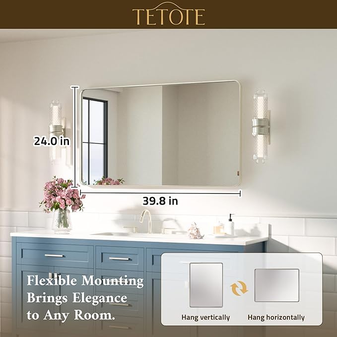 TETOTE Brushed Nickel Bathroom Mirror 40 x 24 Inch Brushed Nickel Metal Framed Bathroom Mirror, Tempered Glass, Modern Farmhouse Wall Mounted Mirror for Decorative(Horizontal/Vertical)