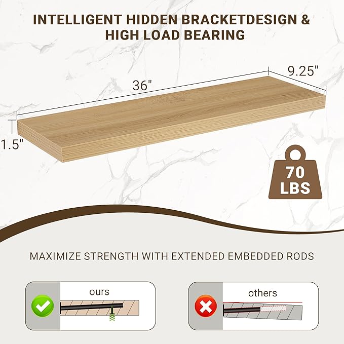 Acovy 36 Inch Floating Shelves, 3D Textured Wood Grain, Wooden Shelves