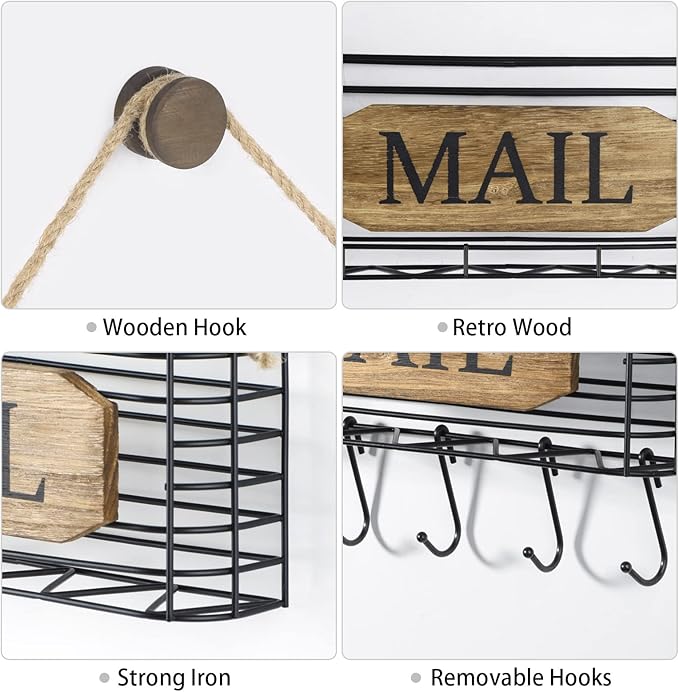 SRIWATANA Mail Organizer Wall Mount, Rustic Mail Holder Key Holder for Wall with Hooks, Small Size, Carbonized Black