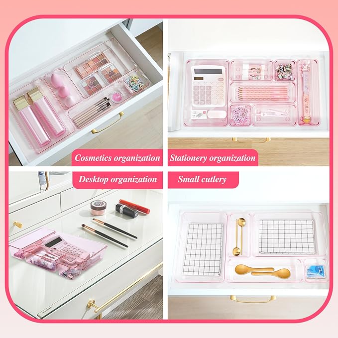 Kitchen Desk Drawer Organizers Storage for Office, Small Acrylic Vanity Trays Makeup Organizer for Drawer Bathroom Plastic Make up Organizers 25 Pcs Pink