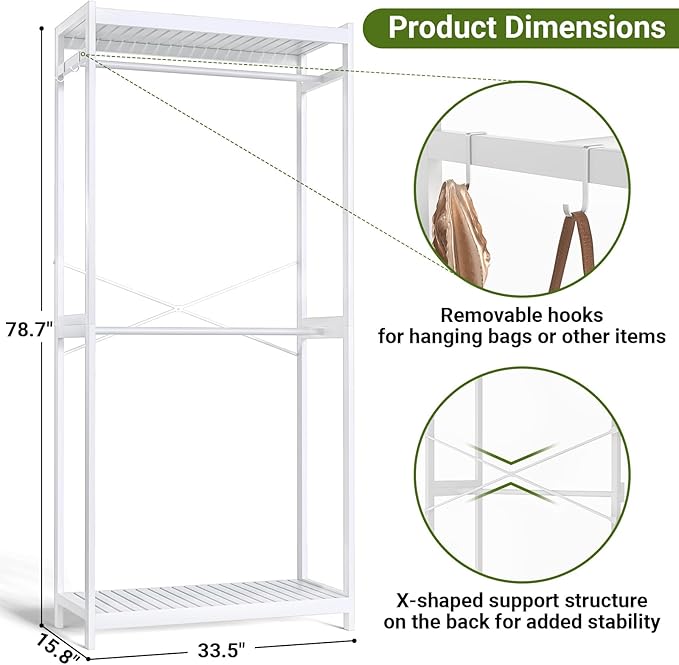 Homykic Bamboo Clothes Rack with Shelves and Double Hang Rods, Portable Closet System Garment Rack for Hanging Clothes, Tall Clothing Rack Corner Closet Organizer, Easy to Built, Freestanding, White