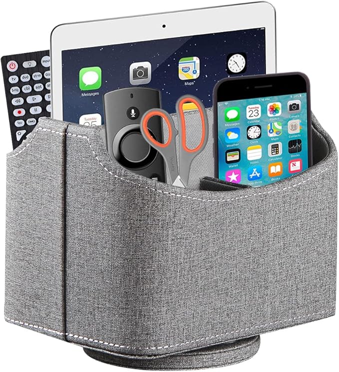 PU Leather Remote Control Holder,360 Degree Spinning Desk TV Remote Caddy,Desk Organizers and Accessories,for Controller,Media,Mail,Calculator,Mobile Phone,Pen Storage Holder (Gray Cloth)
