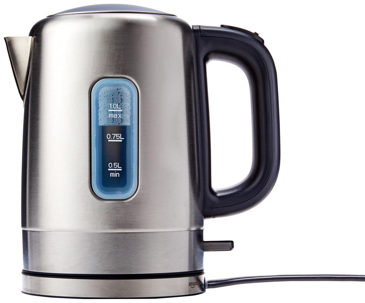 Amazon Basics Electric Stainless Steel Kettle for Tea and Coffee, BPA-Free, Fast Boiling, Auto Shut-Off, 1 Liter, 1500W, Black and Silver