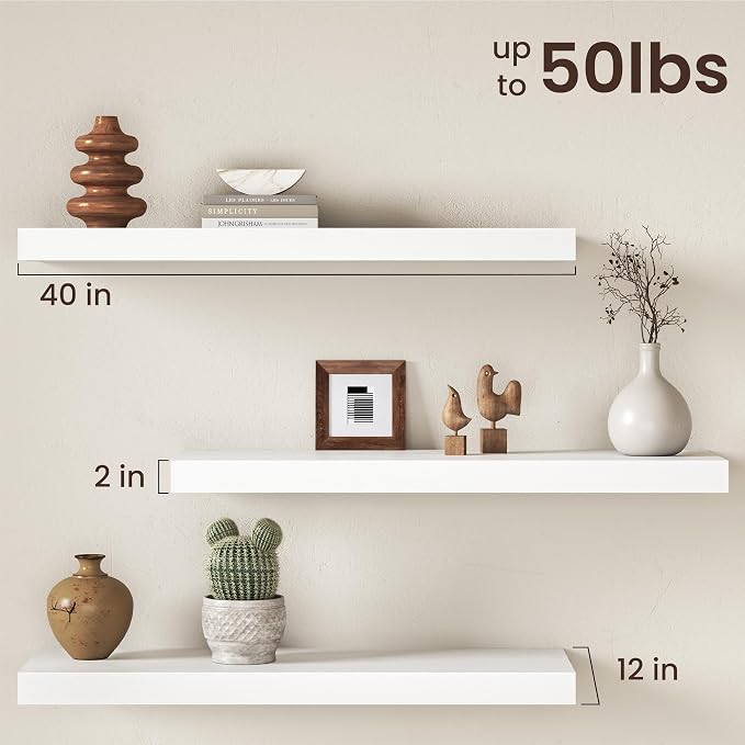 40Inch White Floating Shelves for Wall, 12 Inch Deep Shelves for Bedroom