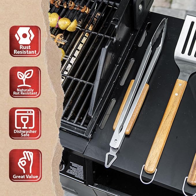 BBQ-AID Pro BBQ Tongs for Grill - 17" Professional Grade Barbecue Tongs for Cooking- Solid & Sturdy - Built with 304 Grade Stainless Steel and Acacia Wood - Heavy Duty Built to Last Kitchen essential.