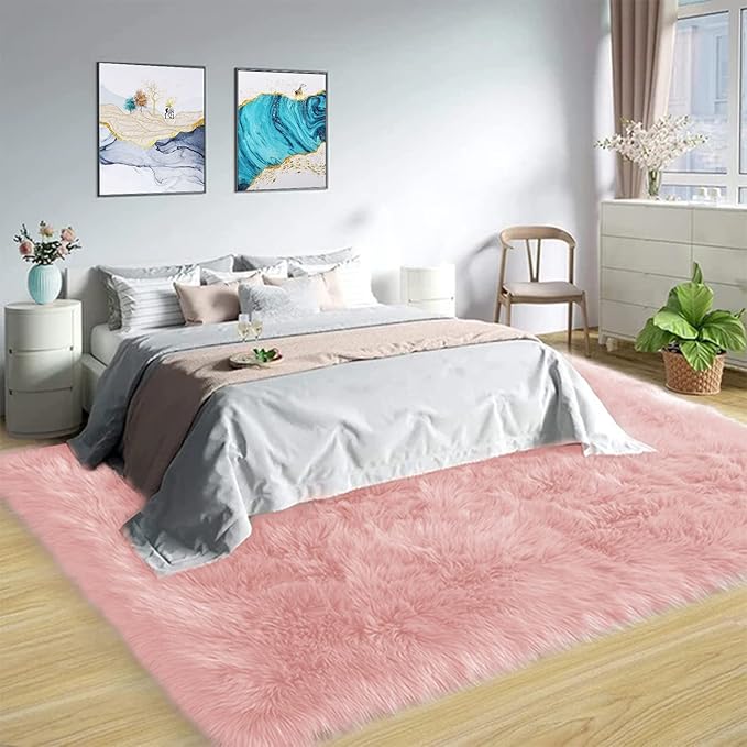 Latepis Pink Area 8x10 Shaggy Faux Sheepskin Fur Rug for Living Room Floor Cute Plush Carpet for Bedroom Girls Soft Furry Rug Luxury Home Decor