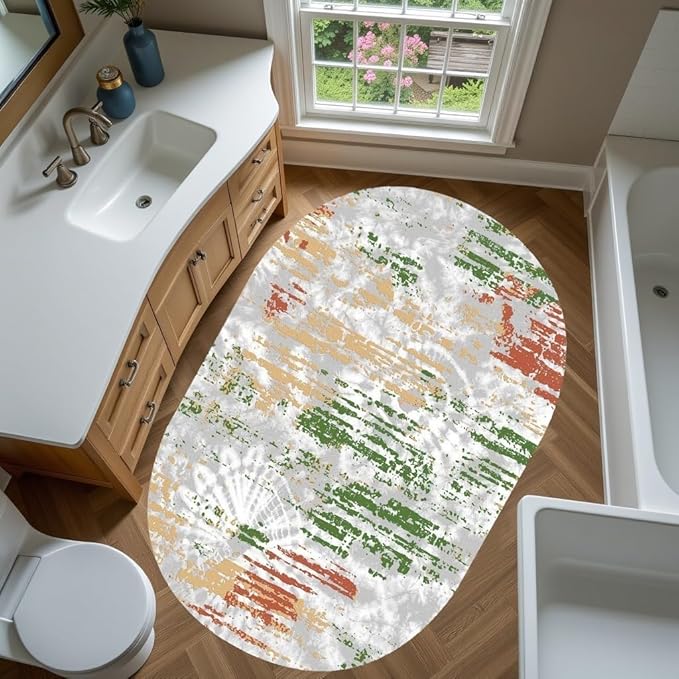 Distressed Abstract Art Aesthetic Deco Indoor Oval Rugs 12x15 for Living Room Bedroom Dining Room Soft Non Skid Easy Clean Big Carpet Nursery Dorm Farmhouse Rustic Grey Green Tie-Dye Texture Area Rug
