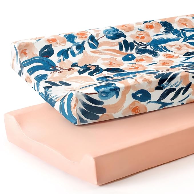 GRSSDER Stretch Ultra Soft Jersey Knit Changing Pad Cover Set 2 Pack, Change Table Pad Covers Fit 32"/34" x 16" Pads Safe and Snug, Beautiful Blush Floral Print for Girls