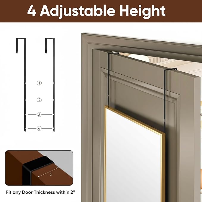 Antok 58''x 20'' Full Length Mirror Over Door, 4-in-1 Standing Leaning Wall Mounted, Adjustable Hanging Mirror for Bedroom Living Room, Gold, Rect Corner