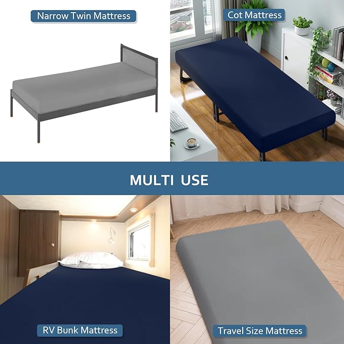 Cot Sheet 31" x 75"(2 Pack), Cot Fitted Sheet Ultra Soft and Breathable Snug Fit for Narrow Twin Mattress/Camp Bunk Beds/RVs Bunk/Guest Beds/Army Cots/Trifold Mattress Navy and Grey, Sheet Only