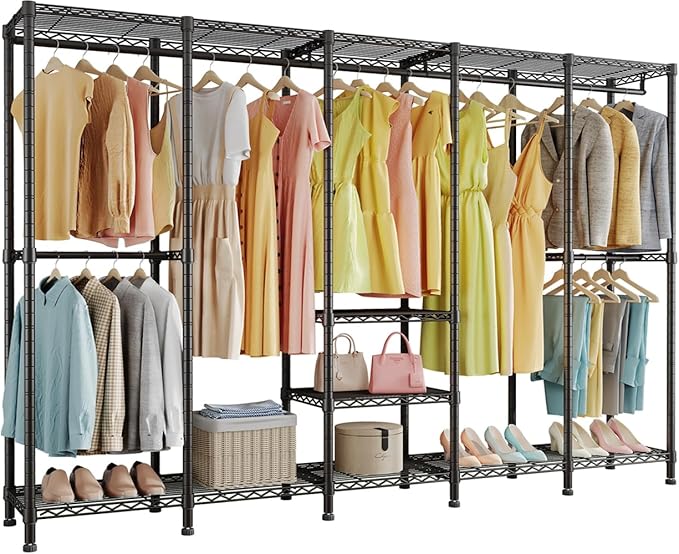 Higeego H5 Extra Large Wire Garment Rack, Heavy Duty Clothes Rack, Freestanding Clothing Rack for Hanging Clothes, Wardrobe Closet with Adjustable Shelf, 93.3" Wx15.7 Dx75.4 H, Black, Load 1400 lbs