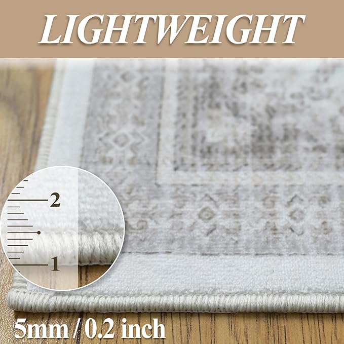 8x10 Rug - Cream & Grey Area Rug - Foldable Non Slip Vintage Rugs for Living Room - Modern Area Rugs 8x10 - Boho Living Room Rugs for Bedroom Dining Room, Distressed Pattern Carpet