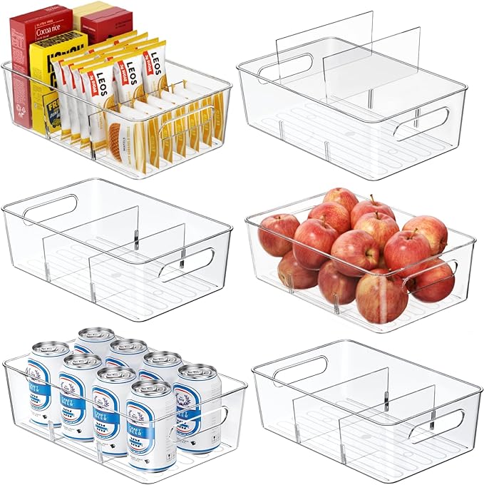 Mpotmiy 6 Pack Pantry Organizers and Storage,Clear Plastic Containers with 2 Dividers for Kitchen,Fridge Organization and Storage,Acrylic Bins for Pounches,Spice Packet,Snack organzier