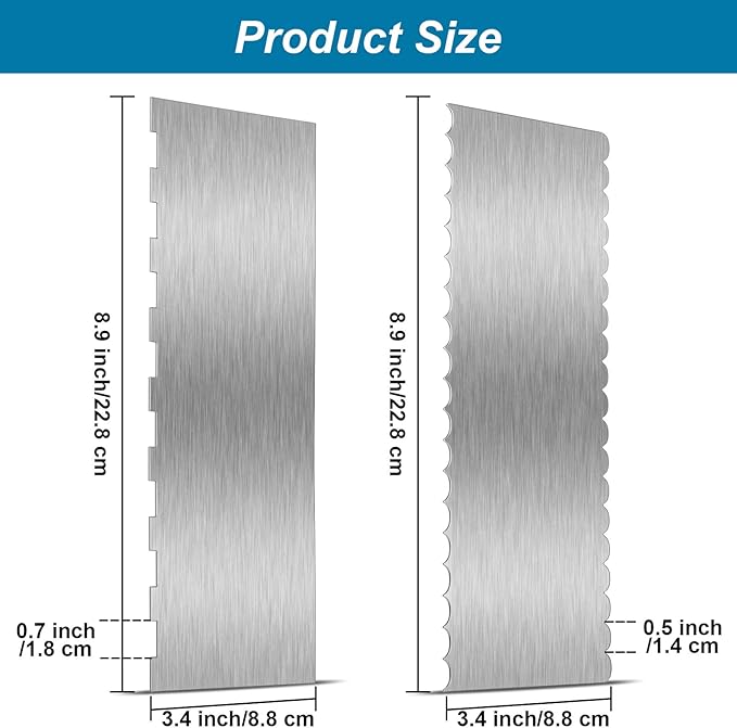 2 Pcs 9 in Double Sided Comb Stainless Steel Cake Scraper Smoother