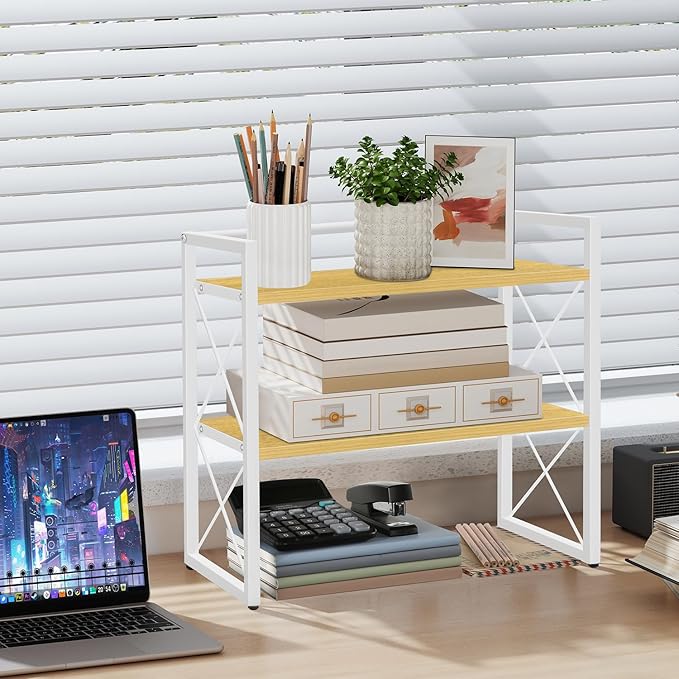 YINMIT Desktop Shelf Organizer, 2 Tier Office Shelves, Wood Desk Organizer Storage Rack and Freestanding Display Shelf for Office, Dormitory, Home (White Wood)