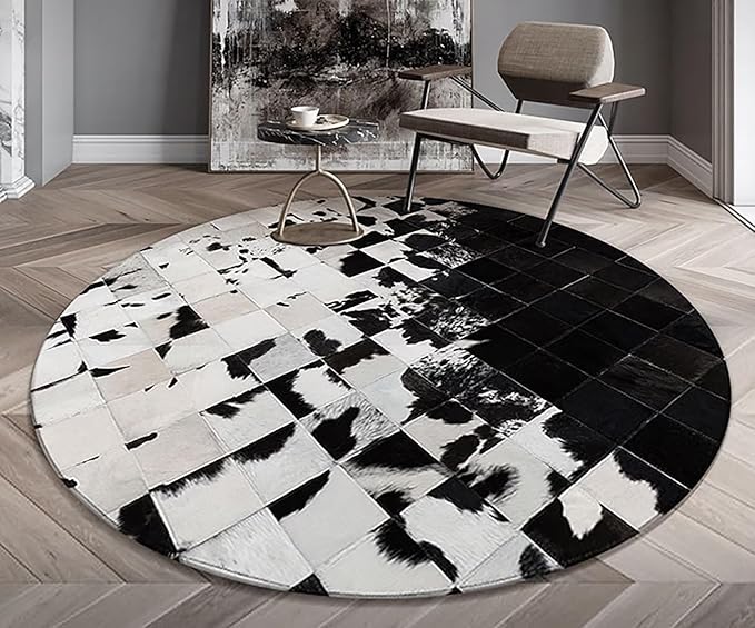 Cowhide Round Leather Rug 6x6 ft – Genuine Hair-On Hide Patchwork Area Rug for Living Room, Bedroom, Kids Playroom, Lounge & Western Home Decor