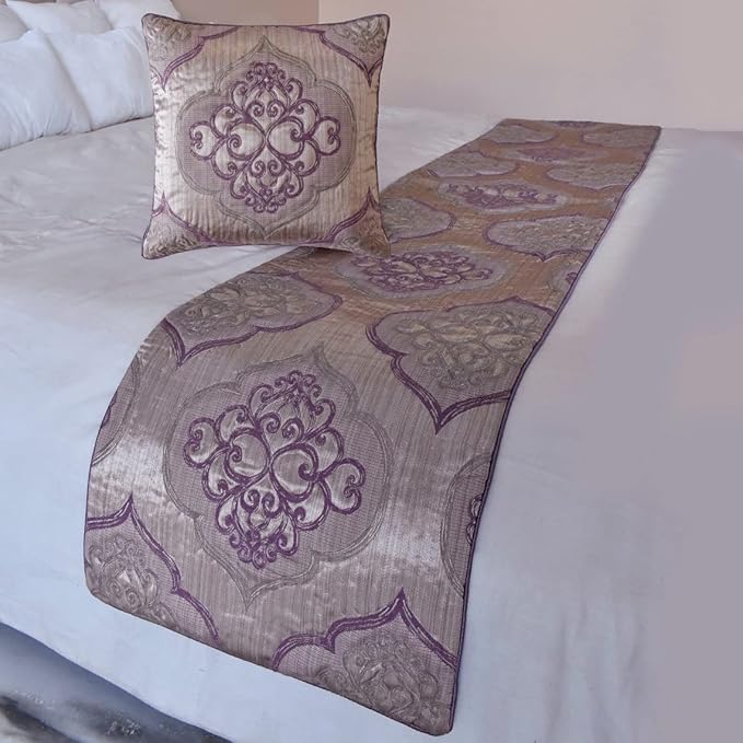 The HomeCentric King/Queen/Twin Purple Decorative Full 68"x18" Bed Runner with 2 Pillow Cover, Damask & Quilted Bed Scarf on Jacquard Fabric - Embre Purple