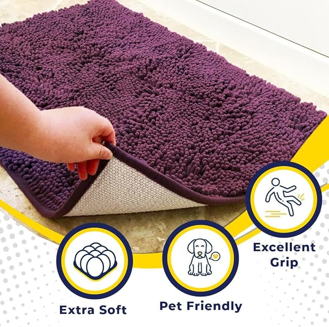 Muddy Mat® AS-SEEN-ON-TV Highly Absorbent Microfiber Door Mat and Pet Rug, Non Slip Thick Washable Area and Bath Mat Soft Chenille for Kitchen Bedroom Indoor and Outdoor - Dark Purple 36" x 120"
