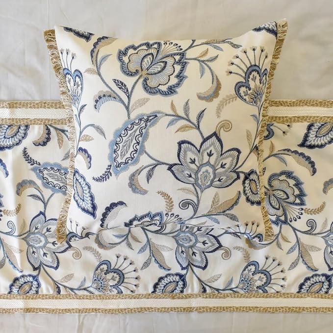 The HomeCentric King/Queen/Twin Blue Designer CA King 86"x18" Bed Runner with Pillow Cover, Floral, Embroidered, Jute Lace & Lace Bed Scarf on Cotton Fabric - Morning Glories