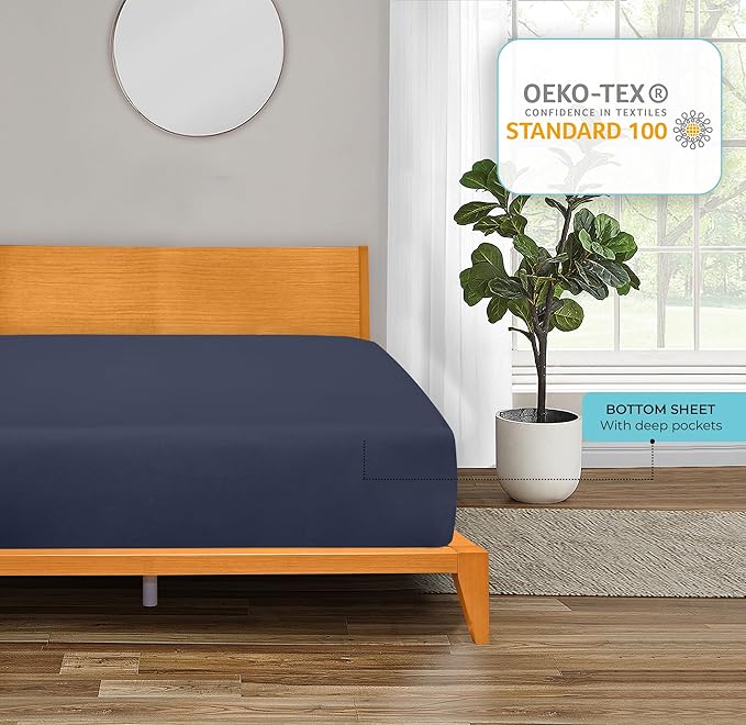 ROYALE LINENS 300 Thread Count 100% Long Staple Combed Cotton Fitted Sheet Twin - Super Soft Deep Pocket Bottom Sheet - Fitted Sheets Only - Elastic Sheets (Twin, Navy)