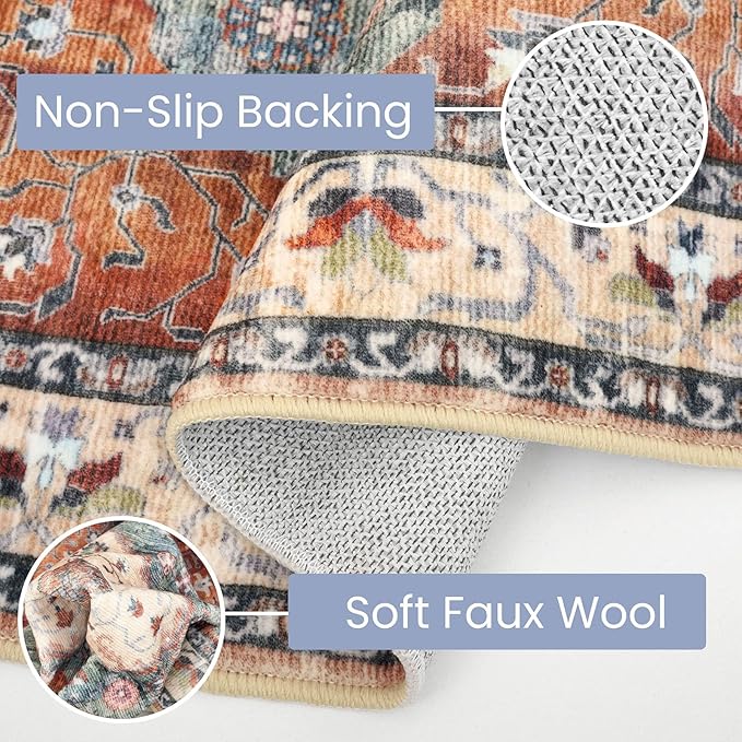 KOZYFLY Boho Round Rug 3 Ft Rugs for Entryway Washable Circle Rug Non Slip Doormat Rust/Orange/Blue Printed Faux Wool Vintage Round Entryway Rug Floor Carpet Round for Entrance, Bedroom