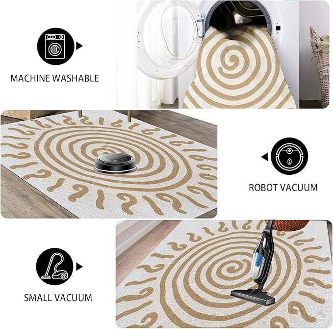 Boho Washable Rugs for Bedroom 2x3, Modern Sun Print Soft Minimalism Area Rug, Non Slip Low Pile Abstract Carpet for Classroom Living Room Decor Dining Room, Beige Yellow