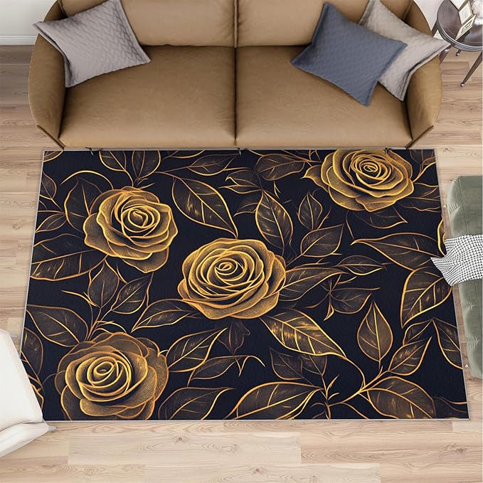 Rose Rugs for Bedroom - 3x5 Area Rug - Black Gold Flowers Rugs for Living Room, European Light Luxury Flowers Rug, Washable Home Decor Carpet