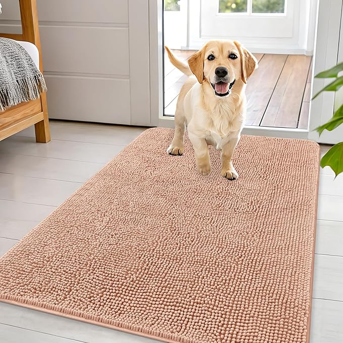 OLANLY Dog Door Mat for Muddy Paws 44x32, Absorbs Moisture and Dirt, Absorbent Non-Slip Washable Doormat, Quick Dry Chenille Mud Mat for Dogs, Entry Indoor Entryway Carpet for Inside Floor, Peach