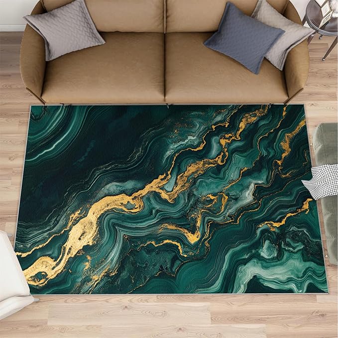 5x8 Abstract Marble Kids Rug - Emerald-Green-Marble Dining Room Rug, Luxury Stone Pattern Area Rugs Indoor Modern Rugs for Bedroom Hardwood Floors Teen Room