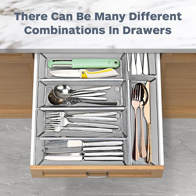 Smgmg Silverware Drawer Organizer, Cutlery Drawer Organizer, 6 Pack Utensil Drawer Organizer, Kitchen Utensils, Flatware Organizer with Interlocking Arm (9.6 * 3 * 2 inch, Grey)