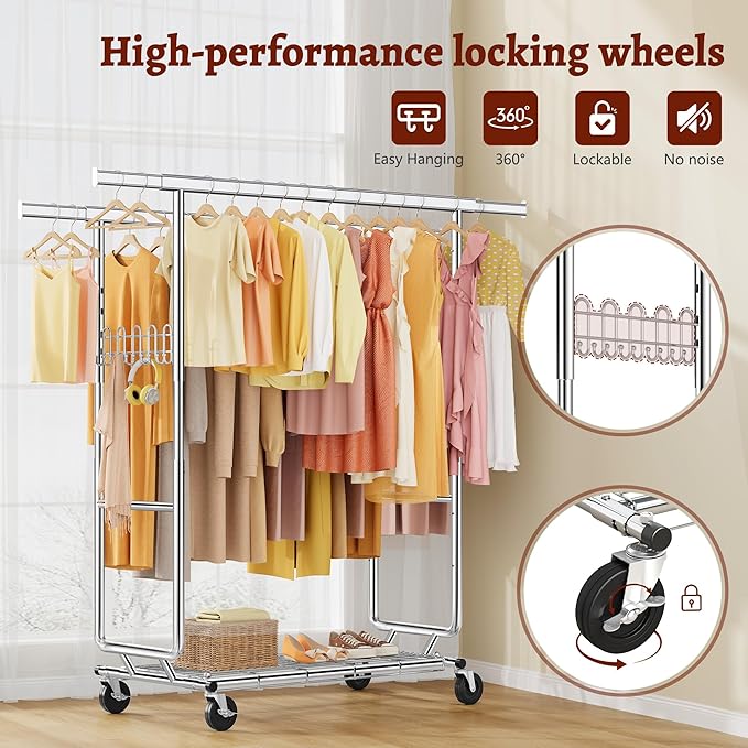 FAVOOSTY Heavy Duty Clothes Rack for Hanging Clothes Double Rods, Rolling & Extending Clothing Rack with Wheels, Garment Coat Rack Freestanding, Portable Clothes Rack, Sliver