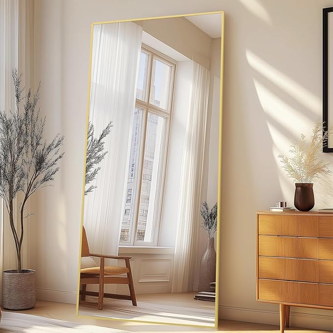 Full Length Mirror with Stand 76"x34" Extra Large Gold Floor Mirror, Rectangle Standing Mirror for Living Room Bedroom Cloakroom Gym, Thin Aluminum Frame, Tempered Glass