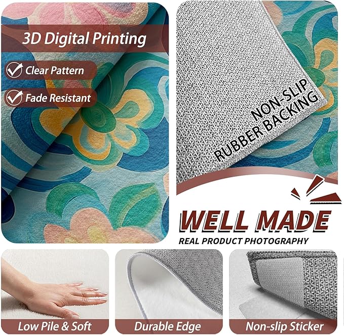 Floral Indoor Rugs for Entryway - 2x3ft - Modern Artistic Flower Washable Non Slip Low Pile Small Area Rug for Bedroom, Floral Carpet Home Decor & Gifts