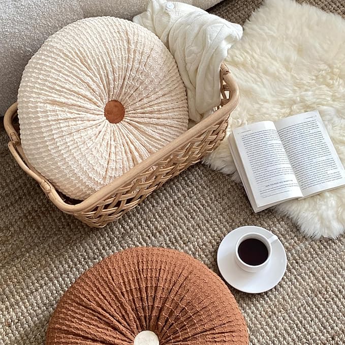Round Throw Pillow, 15" Velvet Decorative Pleated Pumpkin Round Pillow Cushion Floor Pillows for Sofa Couch Bed Chair Living Room Floor Car Decorations, Brown